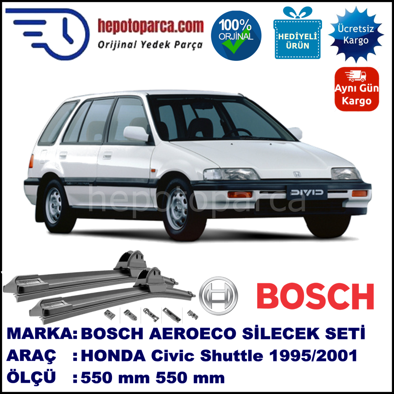 HONDA Shuttle  01.1995-05.2001, 550 / 550 mm. BOSCH AEROECO Aparatlı Muz Silecek