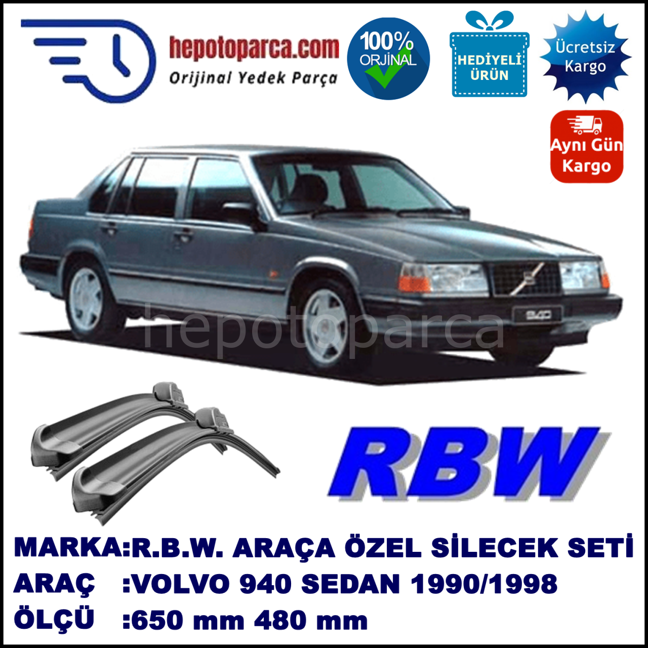 VOLVO 940  09.90-10.98 500 / 500 mm. RBW Muz Silecek Seti  2'li Takım. U Kanca Uyumludur.