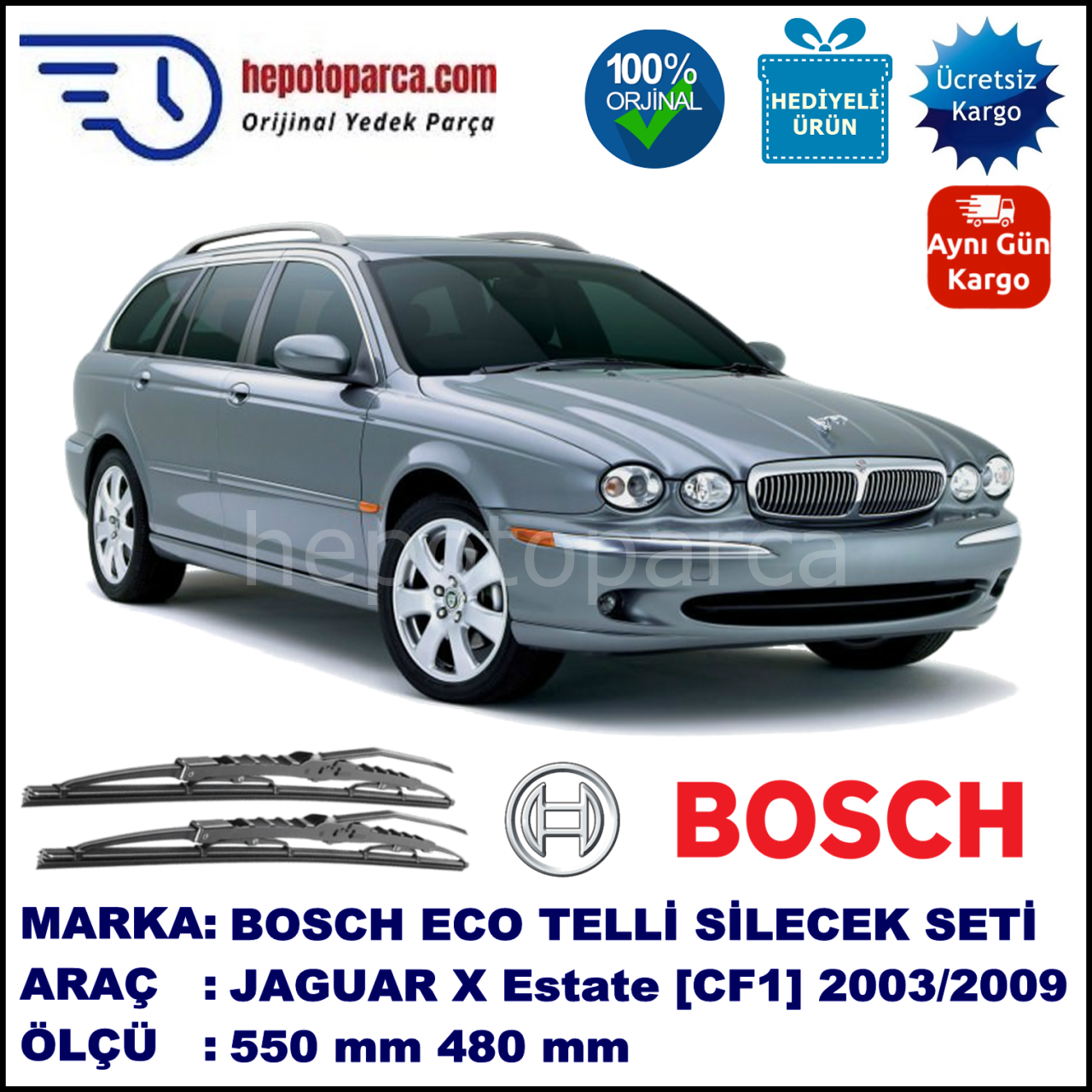 JAGUAR X-Type Estate [CF1] 03.03-12.09 550 / 480 mm. BOSCH ECO Telli Silecek 2'li Takım