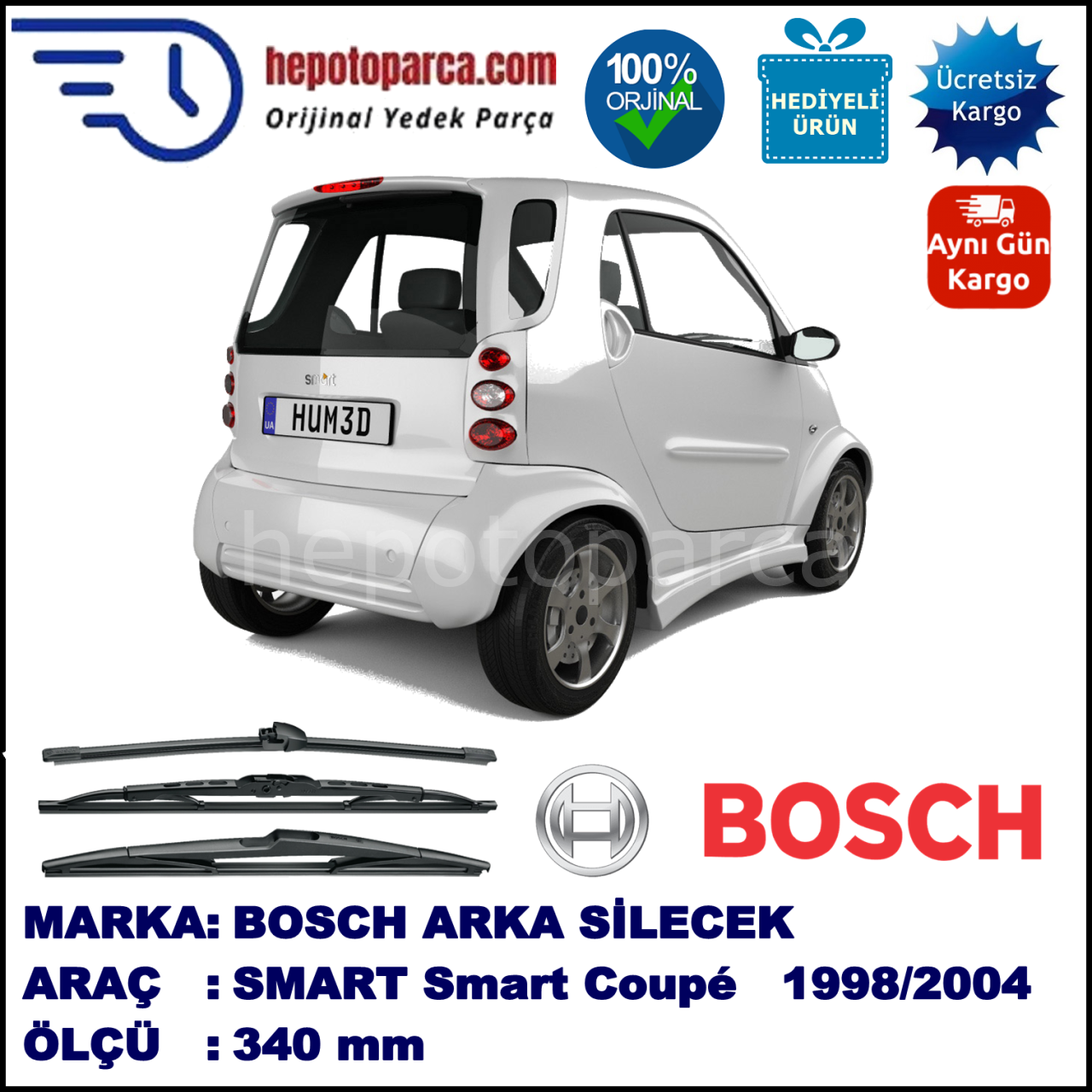 SMART (MCC) Smart Coupé [450] 340 mm 07.1998-01.2004 BOSCH Arka Silecek