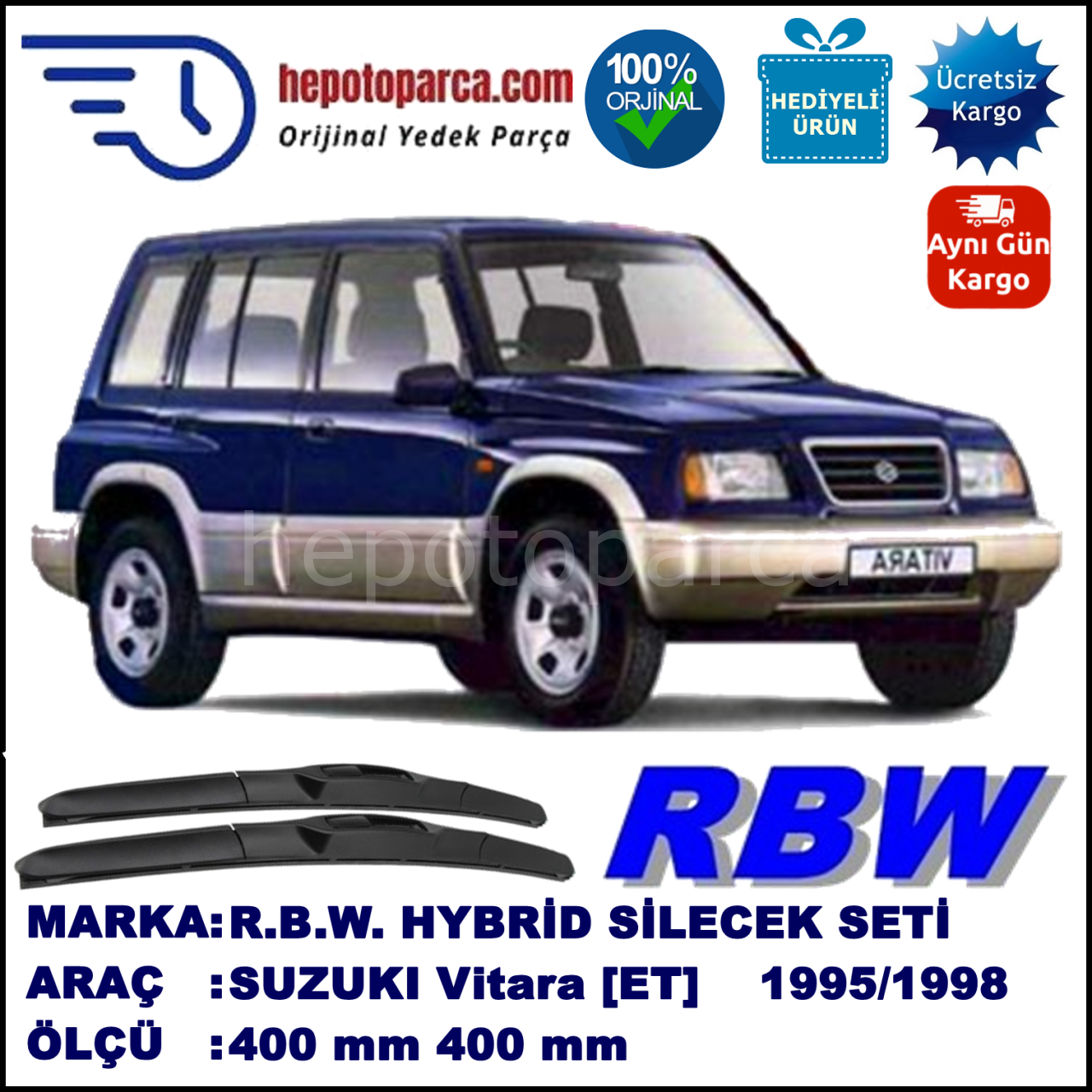 SUZUKI Vitara  09.95-03.04 400 / 400 mm. RBW Hybrid Silecek Seti. U Kanca Uyumlu Hibrit