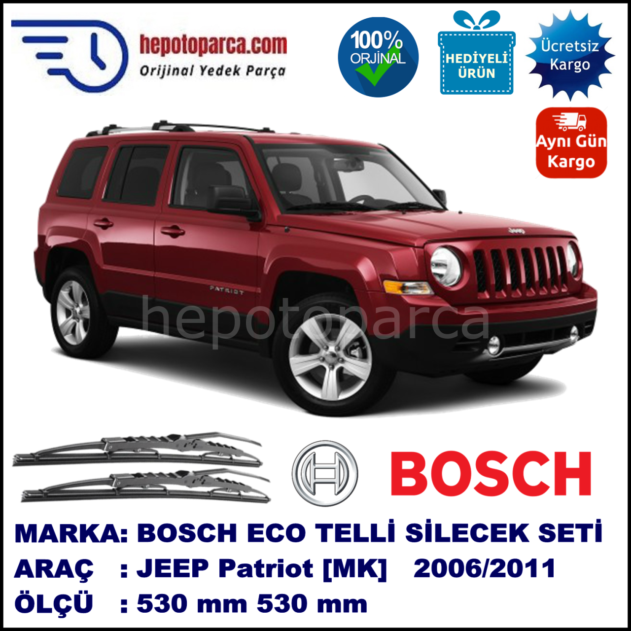 JEEP Patriot [MK] 10.06-... 530 / 530 mm. BOSCH ECO Telli Silecek 2'li Takım