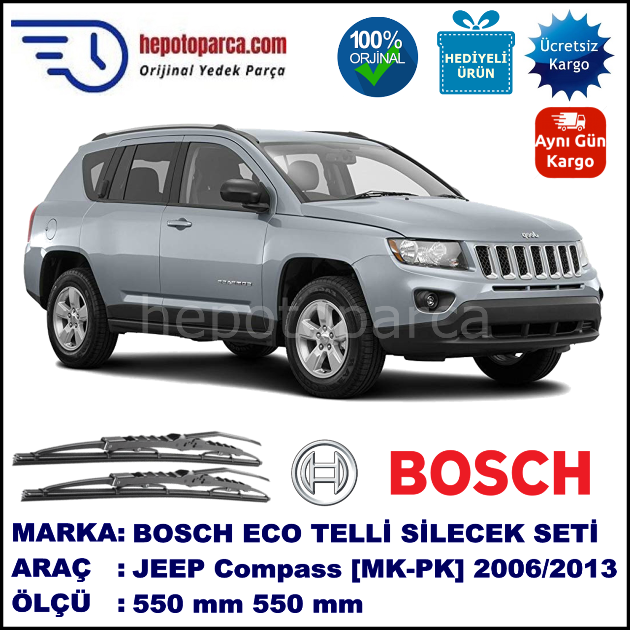 JEEP Compass [MK, PK] 10.06-... 550 / 500 mm. BOSCH ECO Telli Silecek 2'li Takım