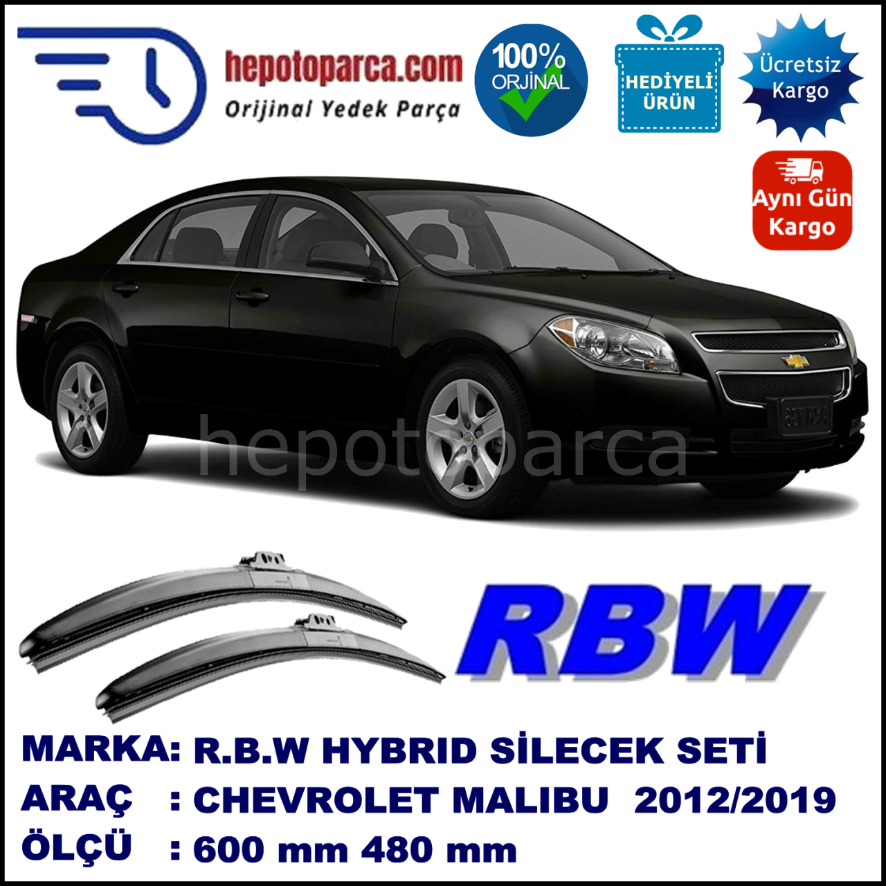 CHEVROLET Malibu [KL1G,V300] 03.12-... 600 / 480 mm. RBW Hybrid Silecek Seti. U Kanca Uyumlu Hibrit