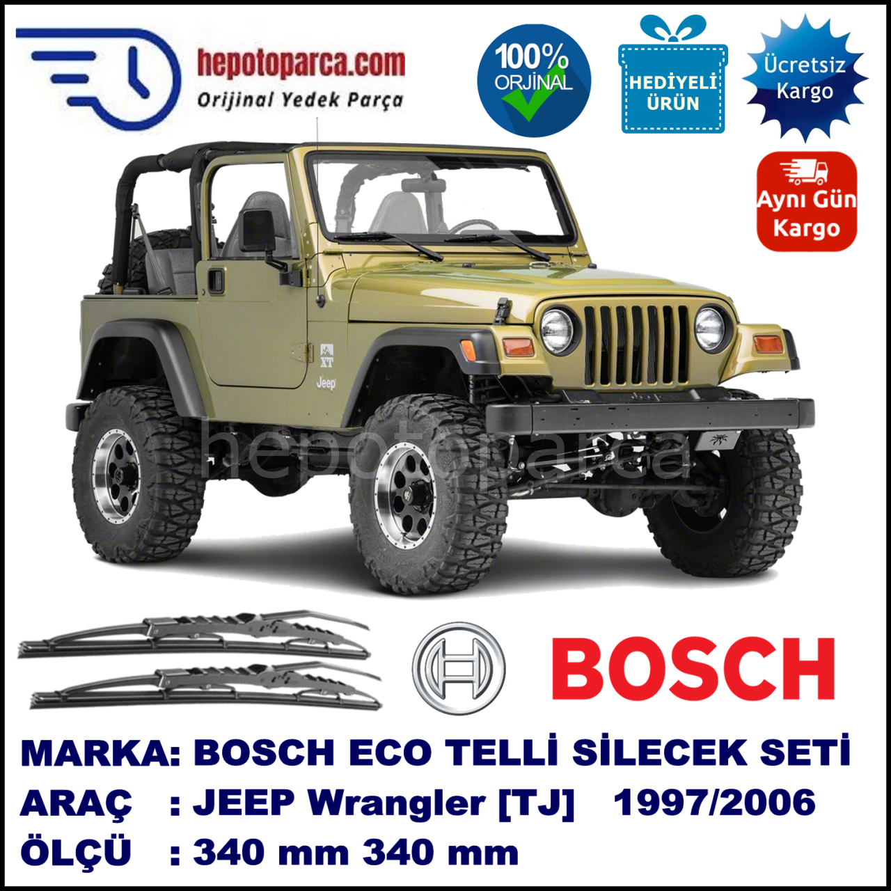 JEEP Wrangler [TJ] 01.97-12.06 340 / 340 mm. BOSCH ECO Telli Silecek 2'li Takım