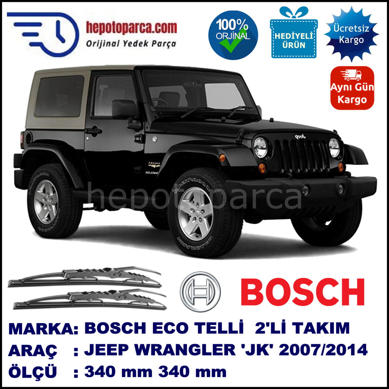 JEEP Wrangler [JK] 01.07-... 340 / 340 mm. BOSCH ECO Telli Silecek 2'li Takım