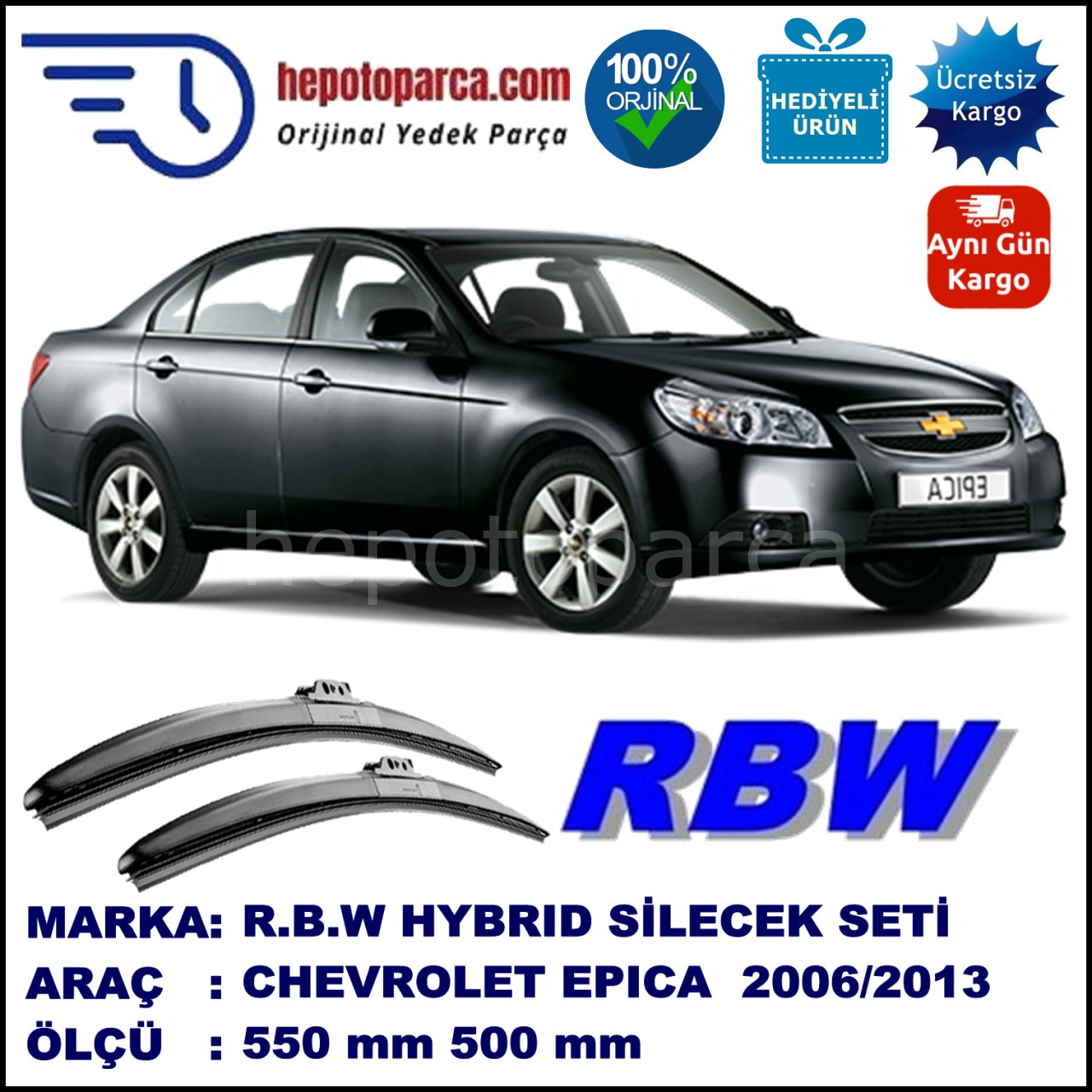 CHEVROLET Epica [KL1L] 06.06-... 550 / 500 mm. RBW Hybrid Silecek Seti. U Kanca Uyumlu Hibrit