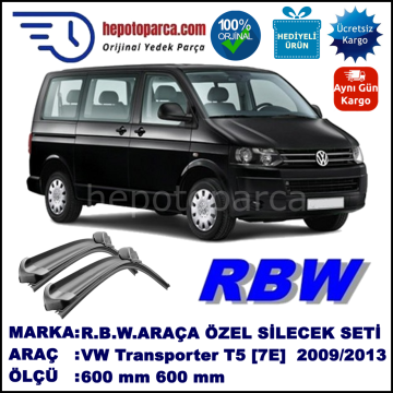 VW Transporter T5 [7E] 09.09-05.13 600 / 600 mm. RBW Muz Silecek Seti  2'li Takım. U Kanca Uyumludur.
