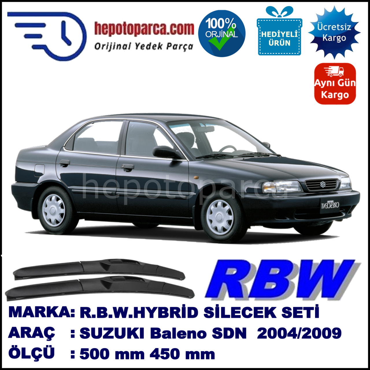 SUZUKI Baleno Sedan  04.95-09.05 500 / 450 mm. RBW Hybrid Silecek Seti. U Kanca Uyumlu Hibrit