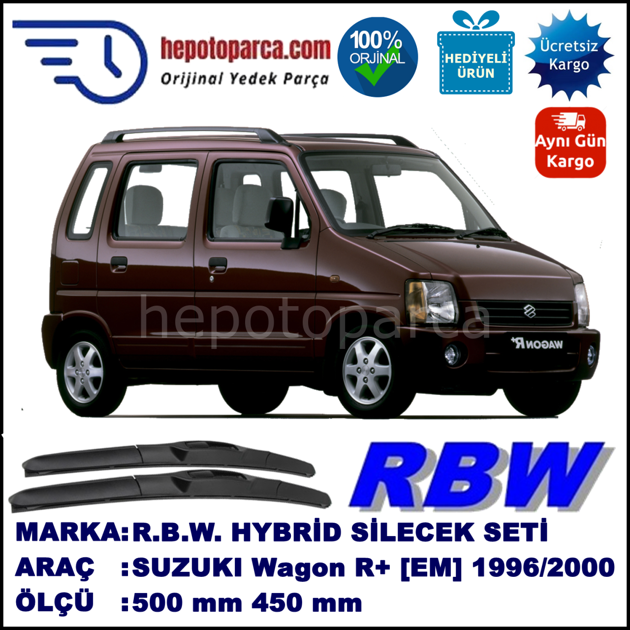 SUZUKI Wagon R+ [EM] 10.96-05.00 500 / 450 mm. RBW Hybrid Silecek Seti. U Kanca Uyumlu Hibrit