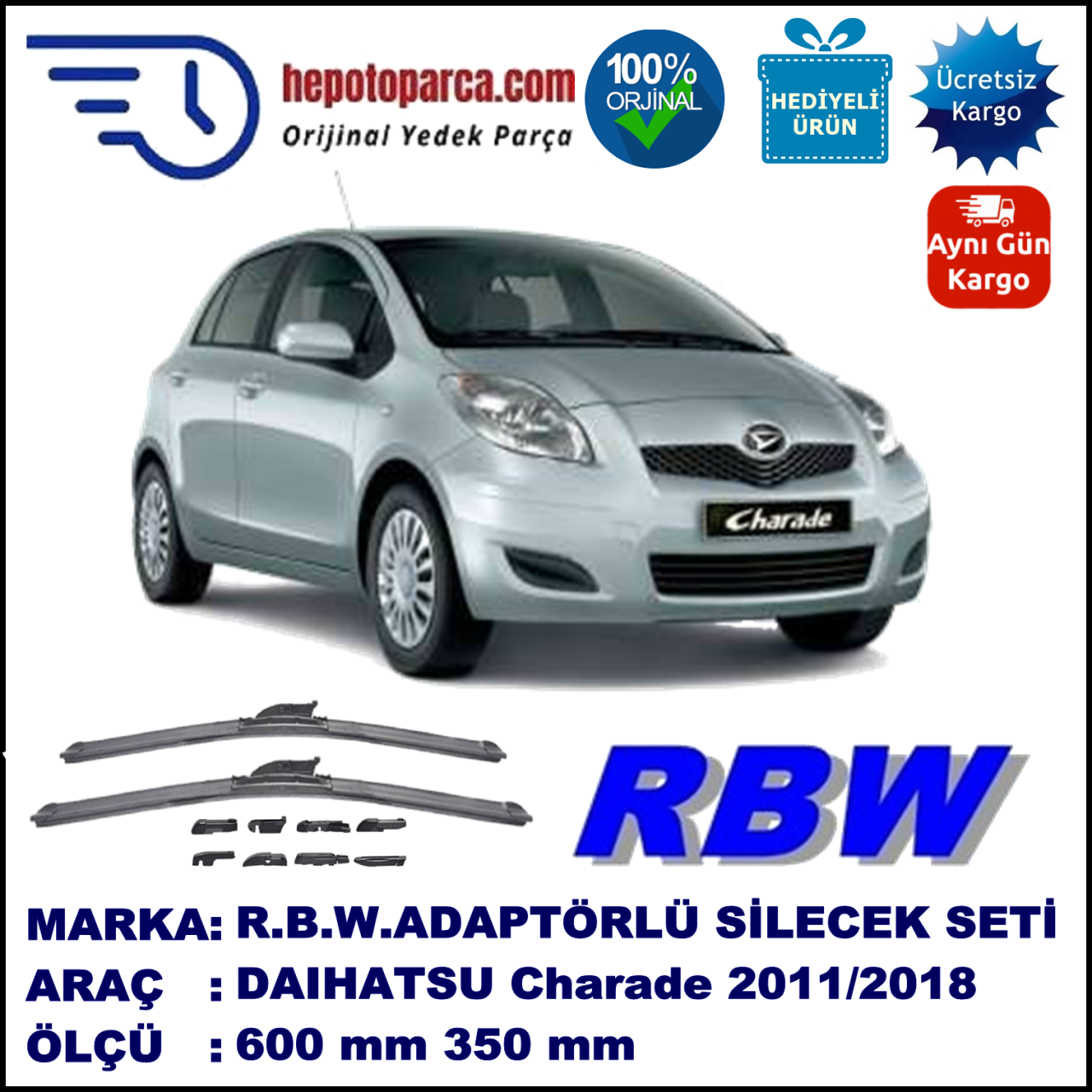 DAIHATSU Charade  [NSP90] 03.2011-..., 600 / 350 mm.  RBW  ADAPTÖRLÜ MUZ SİLECEK SETİ