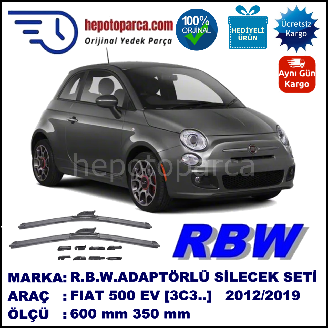 FIAT 500 EV [3C3..] 03.2012-..., 600 / 350 mm.  RBW  ADAPTÖRLÜ MUZ SİLECEK SETİ