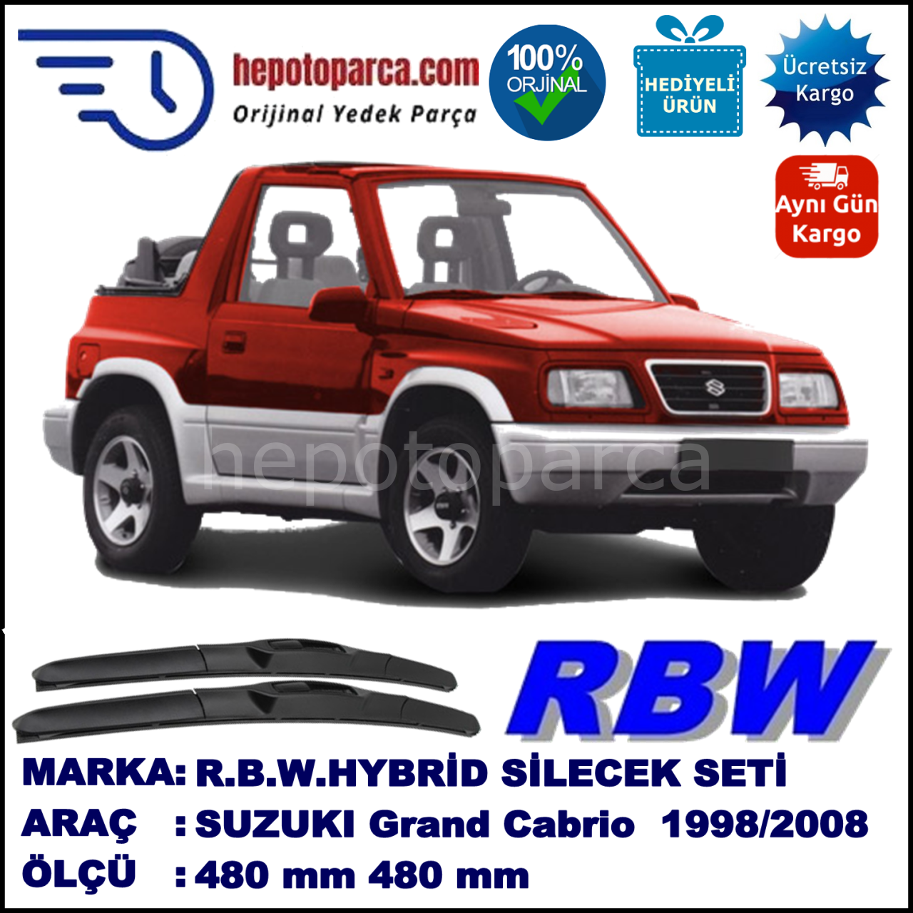 SUZUKI Grand Vitara Cabrio  03.98-03.08 480 / 480 mm. RBW Hybrid Silecek Seti. U Kanca Uyumlu Hibrit