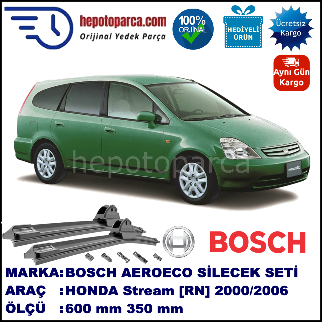 HONDA Stream [RN] 10.2000-07.2006, 600 / 350 mm. BOSCH AEROECO Aparatlı Muz Silecek