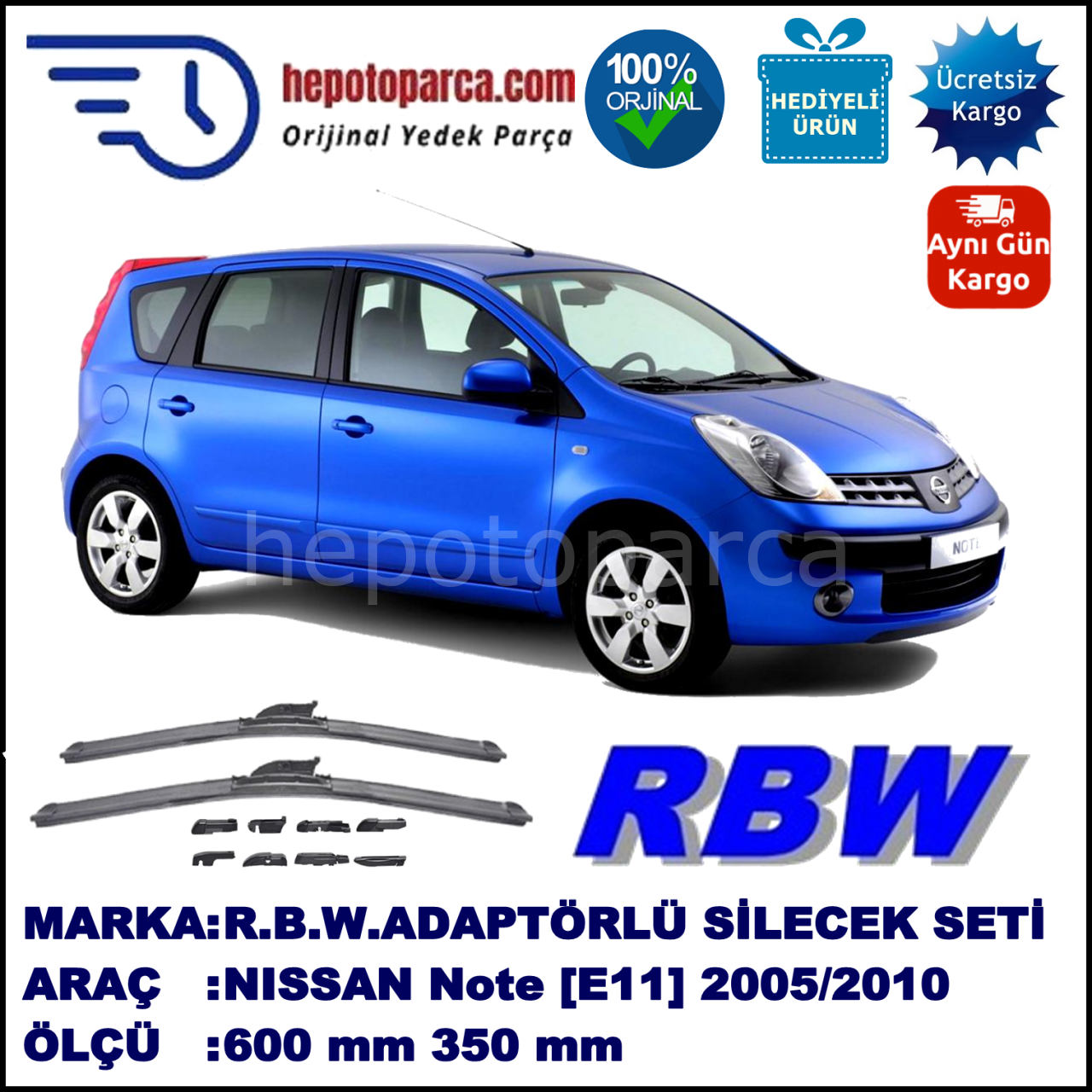 NISSAN Note [E11; E11E] 01.2005-..., 600 / 350 mm.  RBW  ADAPTÖRLÜ MUZ SİLECEK SETİ