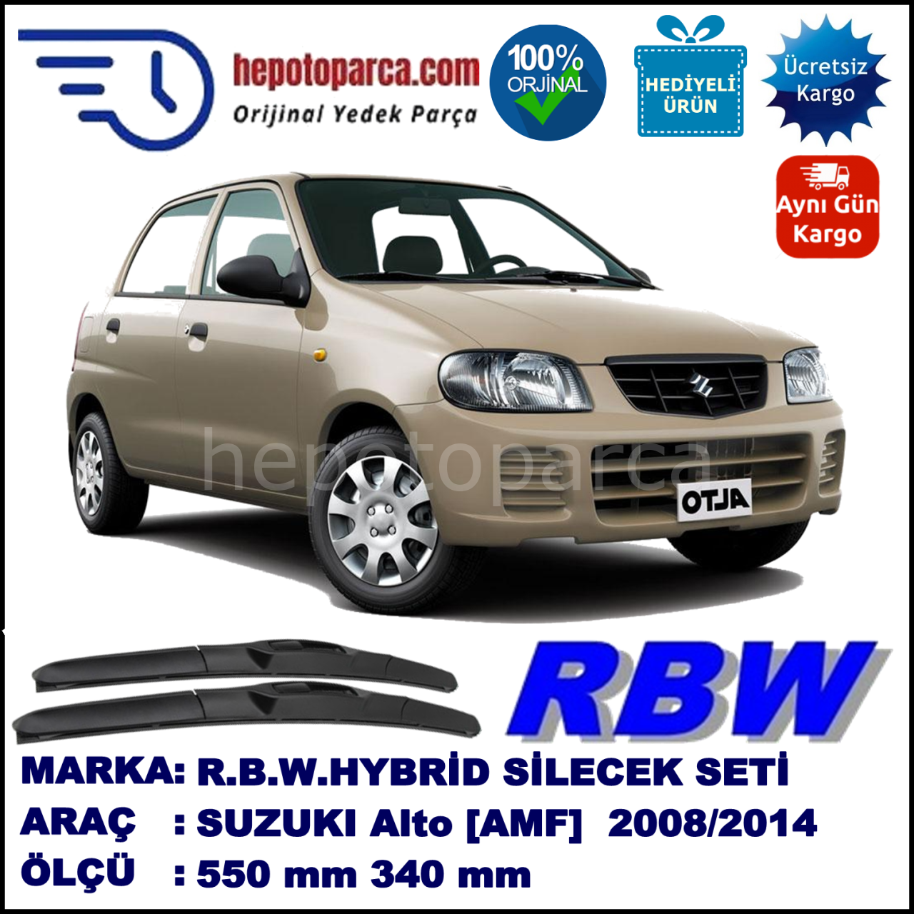 SUZUKI Alto Hatchback  [AMF]  12.08-... 550 / 340 mm. RBW Hybrid Silecek Seti. U Kanca Uyumlu Hibrit