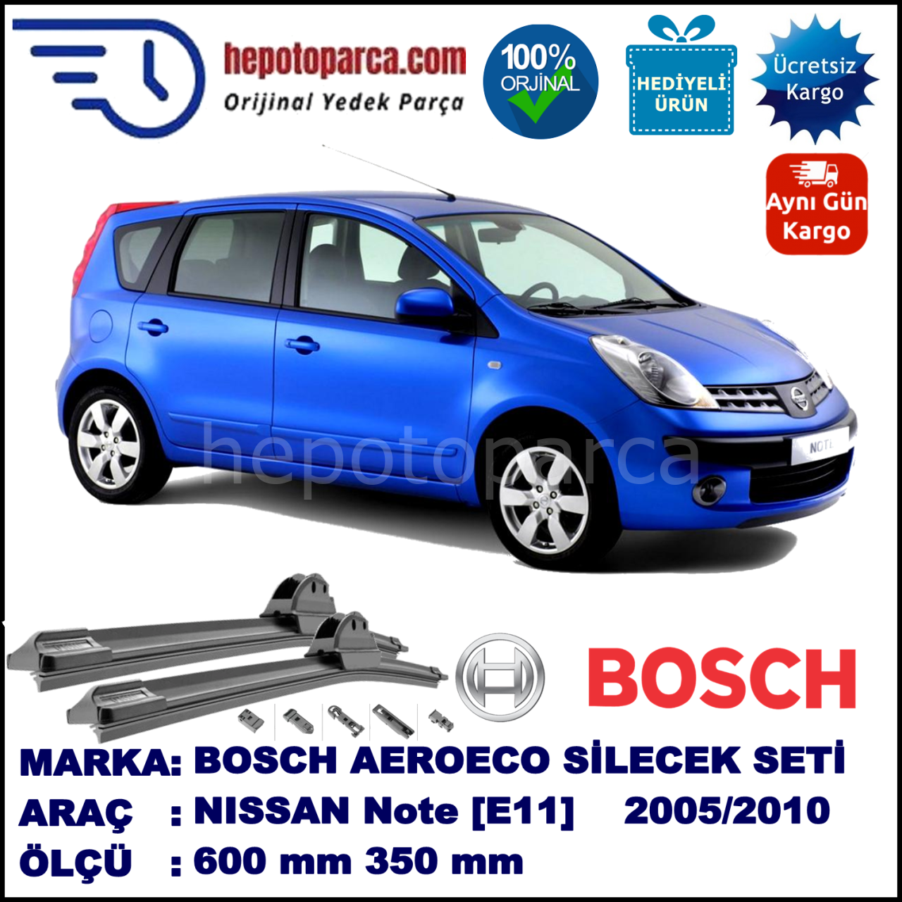 NISSAN Note [E11; E11E] 01.2005-..., 600 / 350 mm. BOSCH AEROECO Aparatlı Muz Silecek