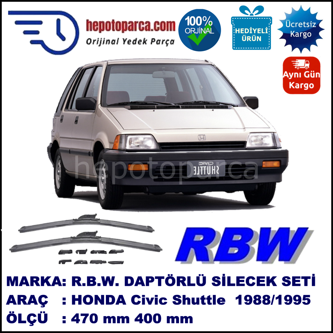 HONDA Civic Shuttle [EC/ED/EE] 01.1988-06.1995, 470 / 400 mm.  RBW  ADAPTÖRLÜ MUZ SİLECEK SETİ