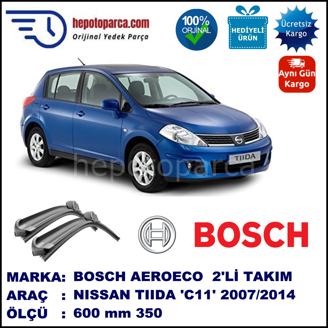 NISSAN Tiida Hatchback [C11] 03.2007-..., 600 / 350 mm. BOSCH AEROECO Aparatlı Muz Silecek