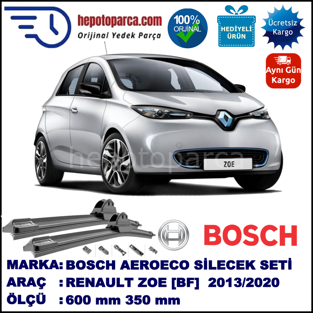 RENAULT ZOE  [BF] 01.2013-..., 600 / 350 mm. BOSCH AEROECO Aparatlı Muz Silecek