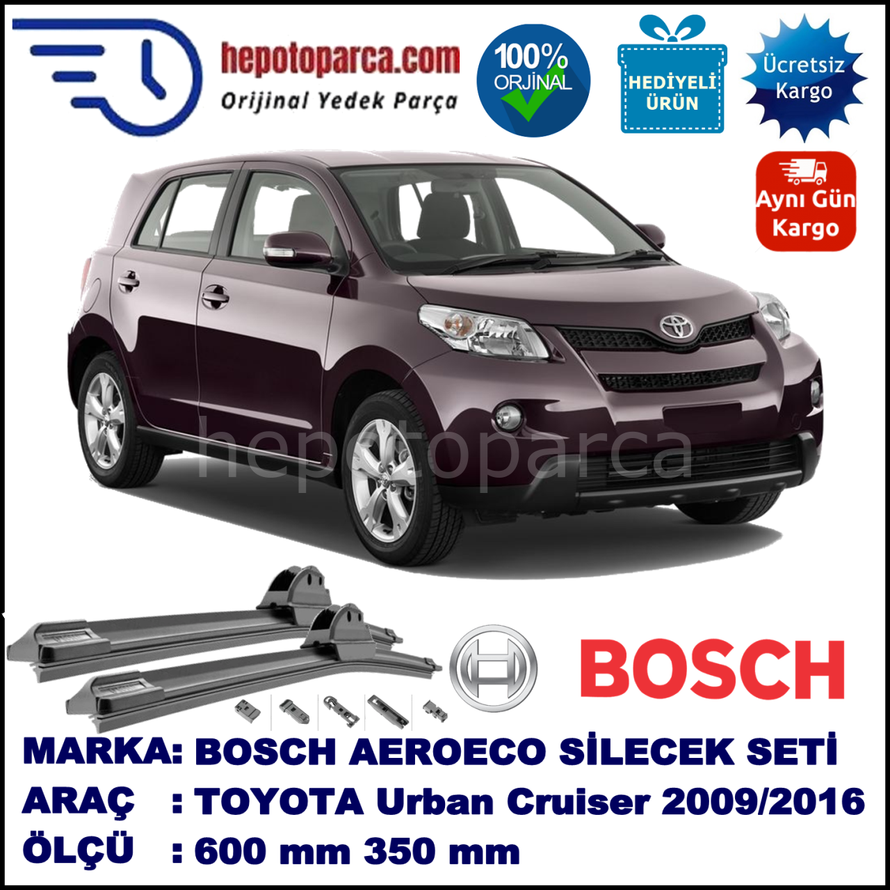 TOYOTA Urban Cruiser [P1] 01.2009-..., 600 / 350 mm. BOSCH AEROECO Aparatlı Muz Silecek