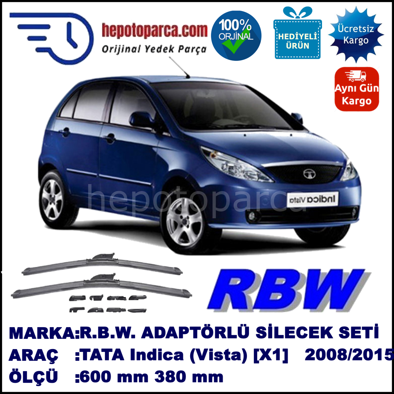 TATA Indica (Vista) [X1] 08.2008-..., 600 / 380 mm.  RBW  ADAPTÖRLÜ MUZ SİLECEK SETİ