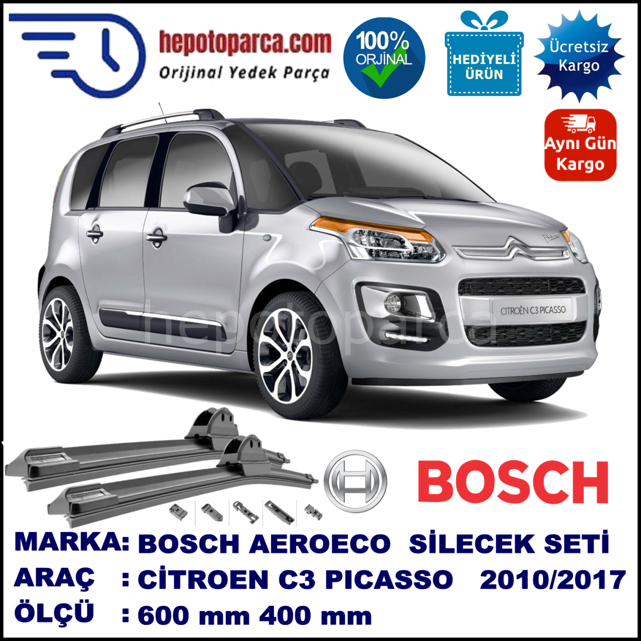 CITROEN C3 Picasso [A58] 04.2010-..., 600 / 400 mm. BOSCH AEROECO Aparatlı Muz Silecek