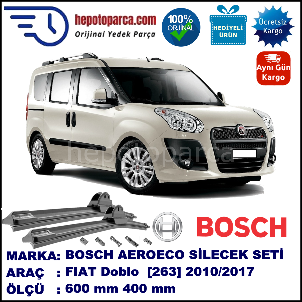 FIAT Doblo [263..] 02.2010-..., 600 / 400 mm. BOSCH AEROECO Aparatlı Muz Silecek