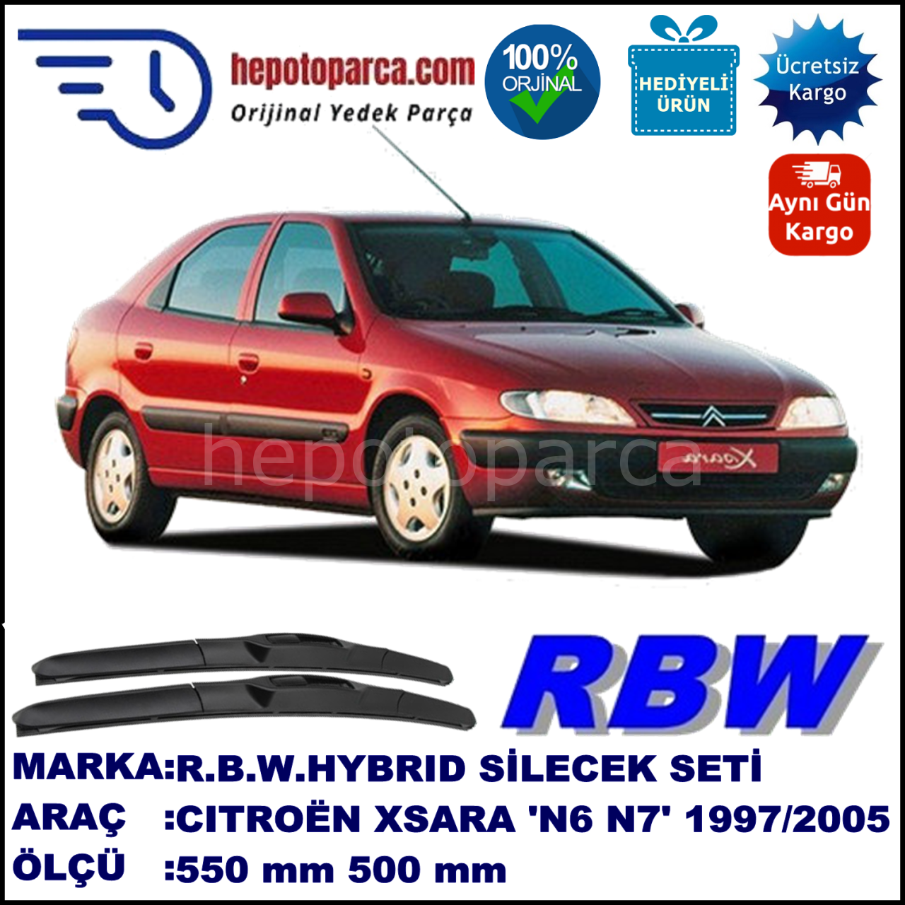 CITROEN Xsara [N6, N7] 07.97-12.05 550 / 500 mm. RBW Hybrid Silecek Seti. U Kanca Uyumlu Hibrit