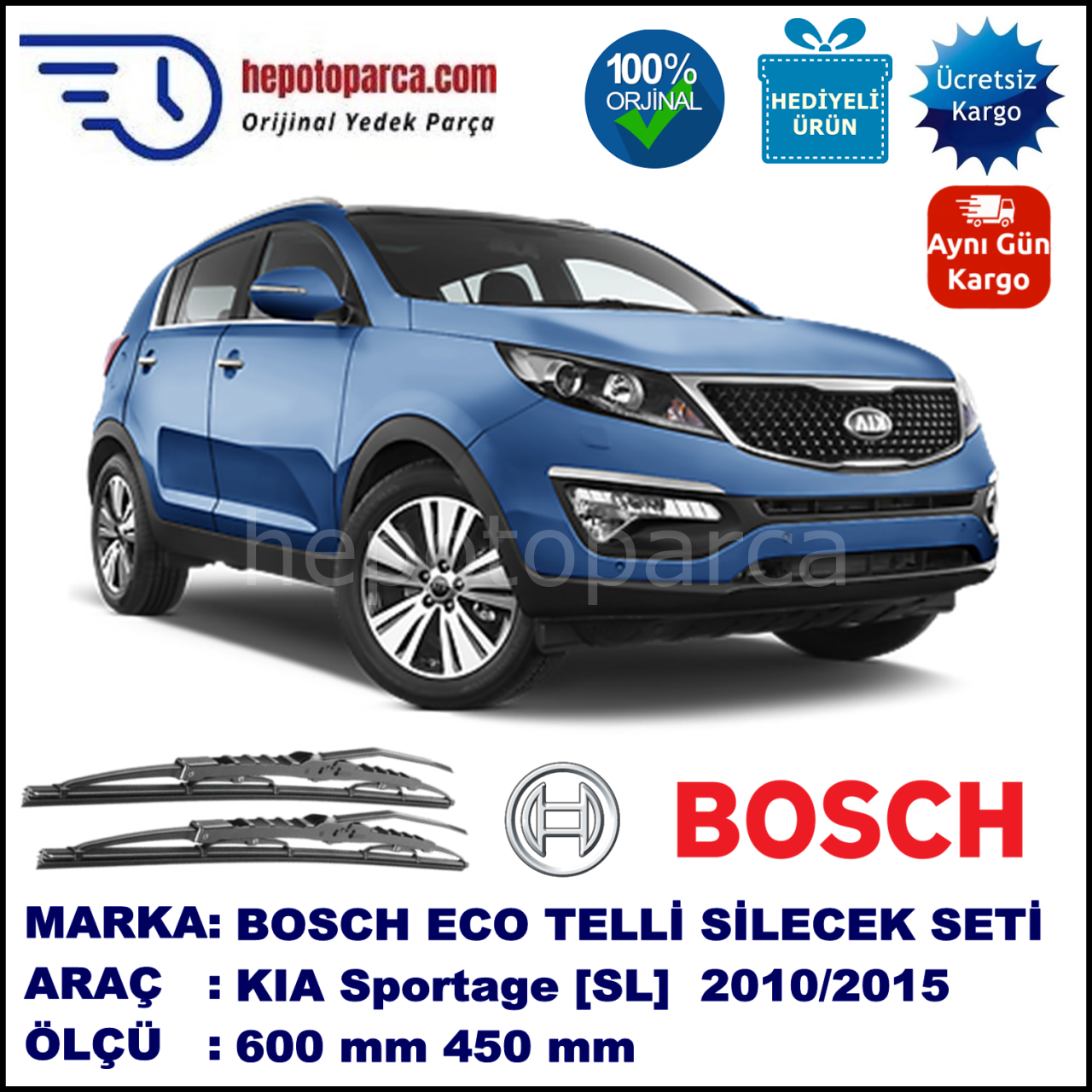 KIA Sportage [SL] 07.10-... 600 / 450 mm. BOSCH ECO Telli Silecek 2'li Takım