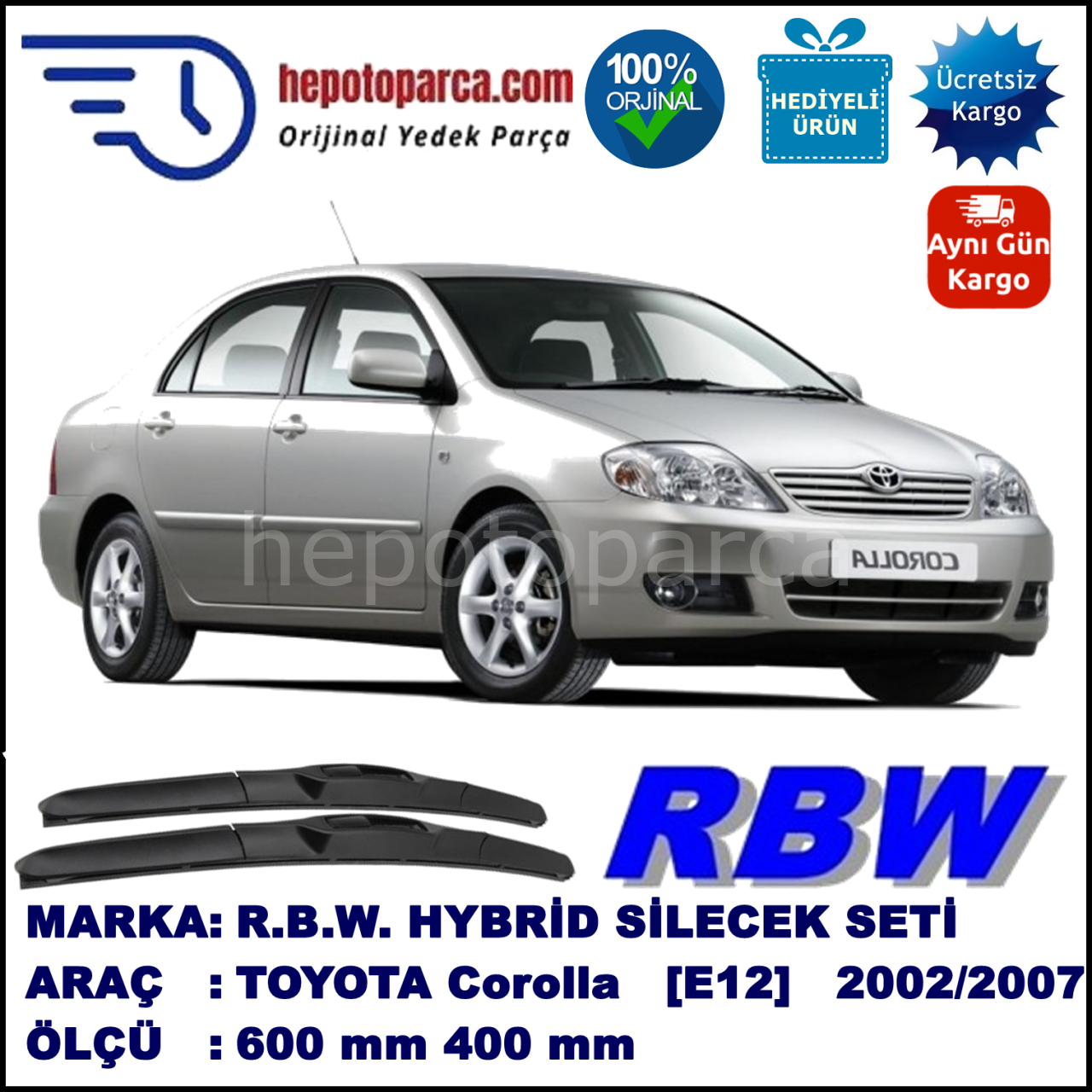 TOYOTA Corolla [E12] 10.02-07.07 600 / 400 mm. RBW Hybrid Silecek Seti. U Kanca Uyumlu Hibrit