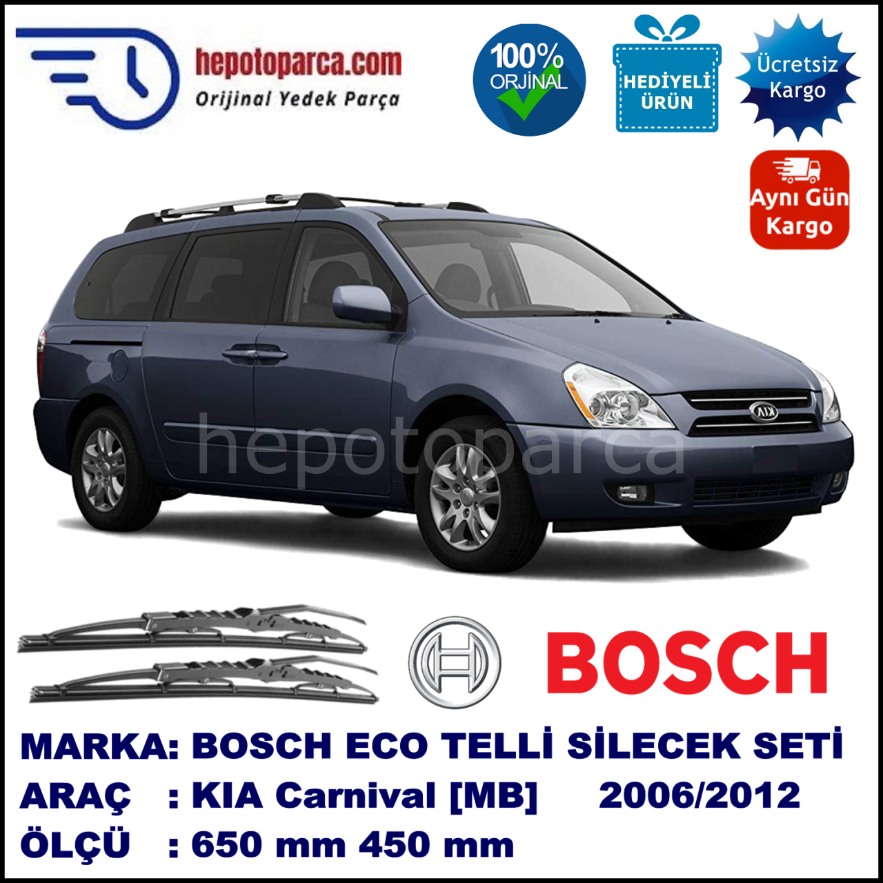 KIA Carnival [MB] 04.06-... 650 / 450 mm. BOSCH ECO Telli Silecek 2'li Takım