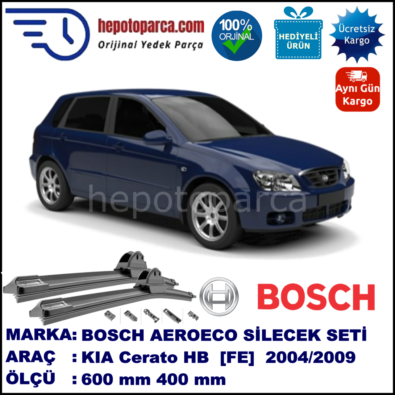 KIA Cerato Hatchback [FE] 03.2004-11.2009, 600 / 400 mm. BOSCH AEROECO Aparatlı Muz Silecek