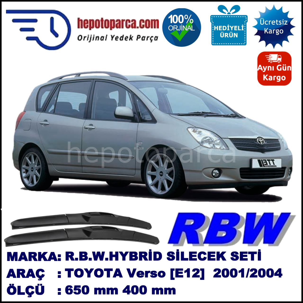 TOYOTA Corolla Verso [E12] 09.01-01.04 650 / 400 mm. RBW Hybrid Silecek Seti. U Kanca Uyumlu Hibrit