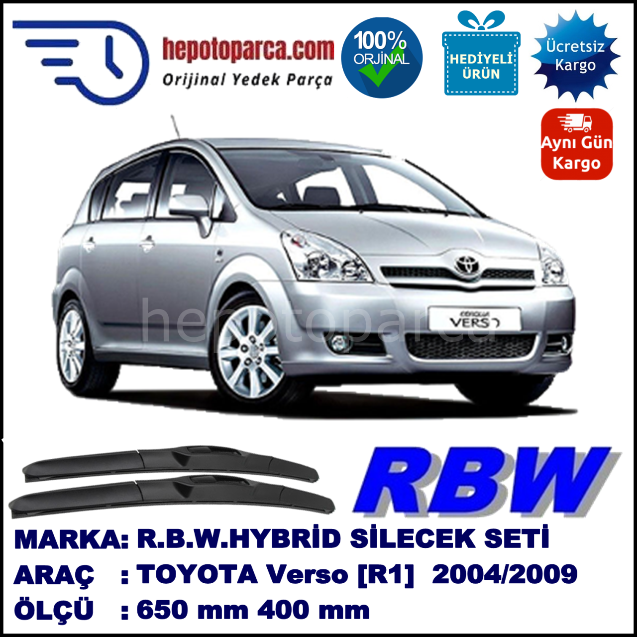TOYOTA Corolla Verso [R1] 02.04-02.09 650 / 400 mm. RBW Hybrid Silecek Seti. U Kanca Uyumlu Hibrit