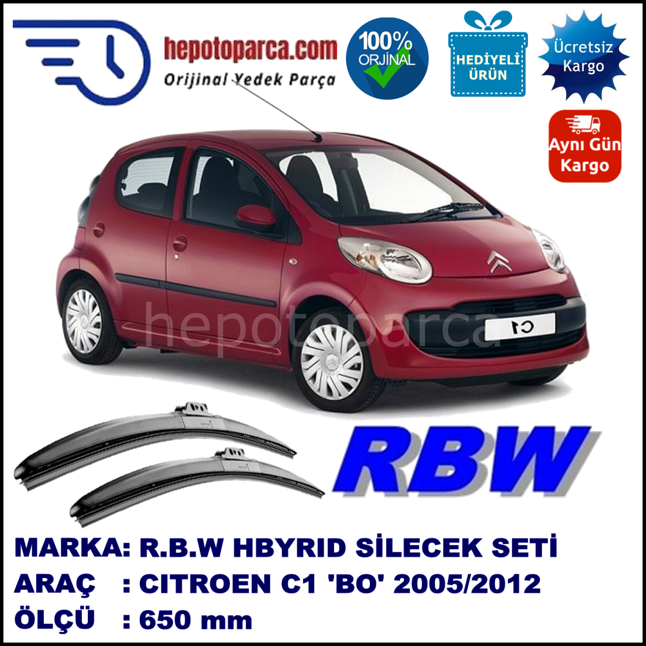 CITROEN C1 [B0] 06.05-... 650 /  mm. RBW Hybrid Silecek. U Kanca Uyumlu Hibrit