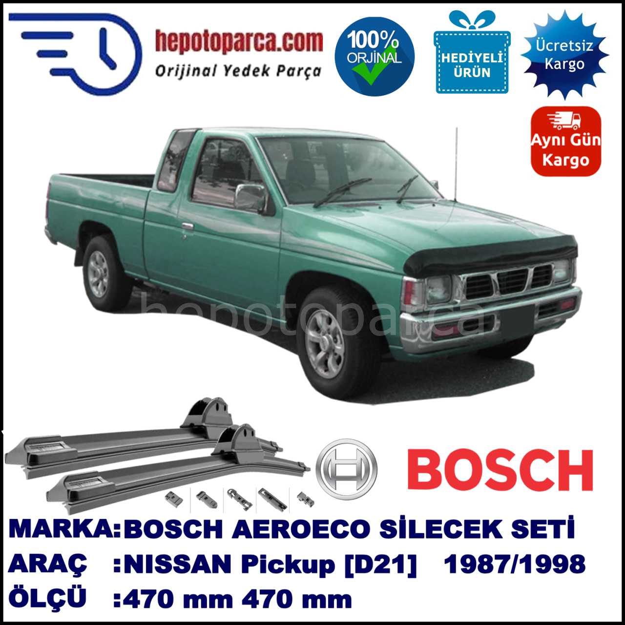 NISSAN Pickup [D21] 08.1987-02.1998, 470 / 470 mm. BOSCH AEROECO Aparatlı Muz Silecek