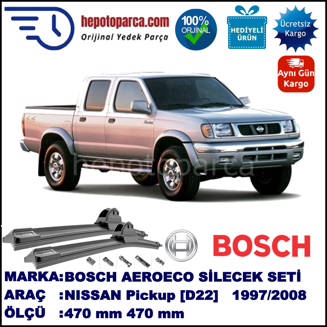 NISSAN Pickup [D22] 02.1997-..., 470 / 470 mm. BOSCH AEROECO Aparatlı Muz Silecek