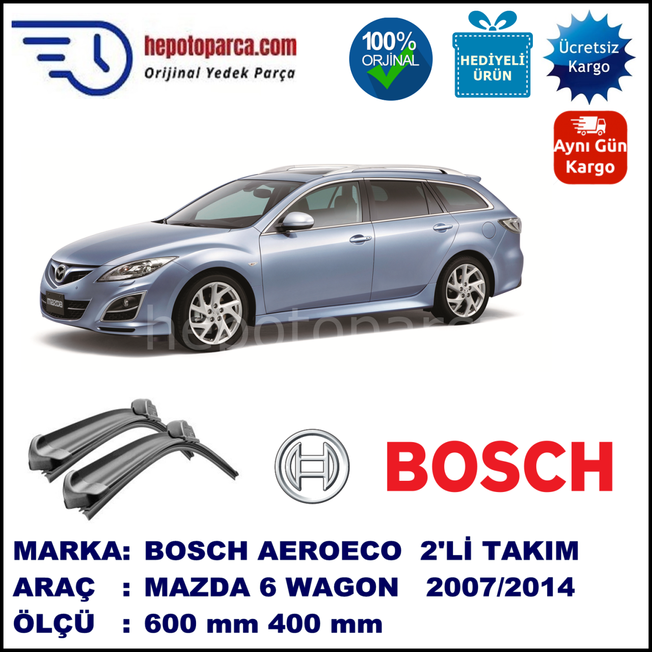 MAZDA 6 Wagon [GH] 12.2007-..., 600 / 400 mm. BOSCH AEROECO Aparatlı Muz Silecek