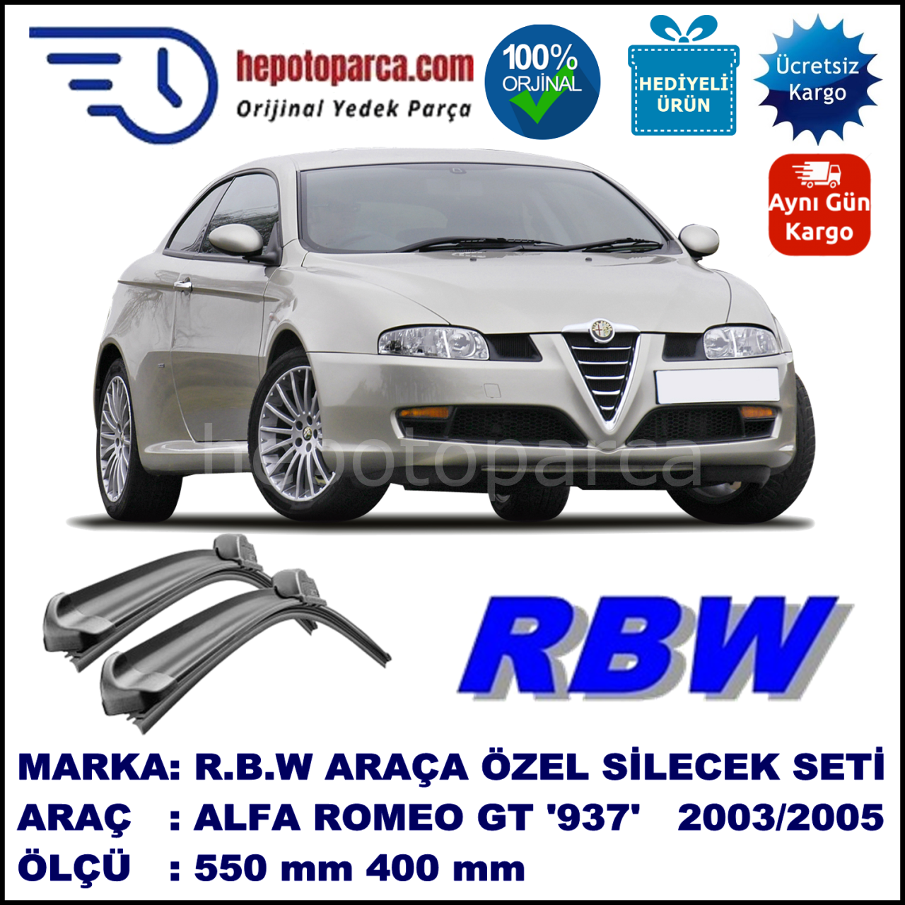ALFA ROMEO GT [937] 10.03-06.05 550 / 400 mm. RBW Muz Silecek Seti  2'li Takım. U Kanca Uyumludur.