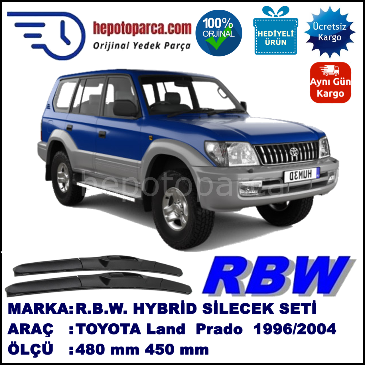 TOYOTA Land Cruiser Prado [J9] 10.96-09.04 480 / 450 mm. RBW Hybrid Silecek Seti. U Kanca Uyumlu Hibrit