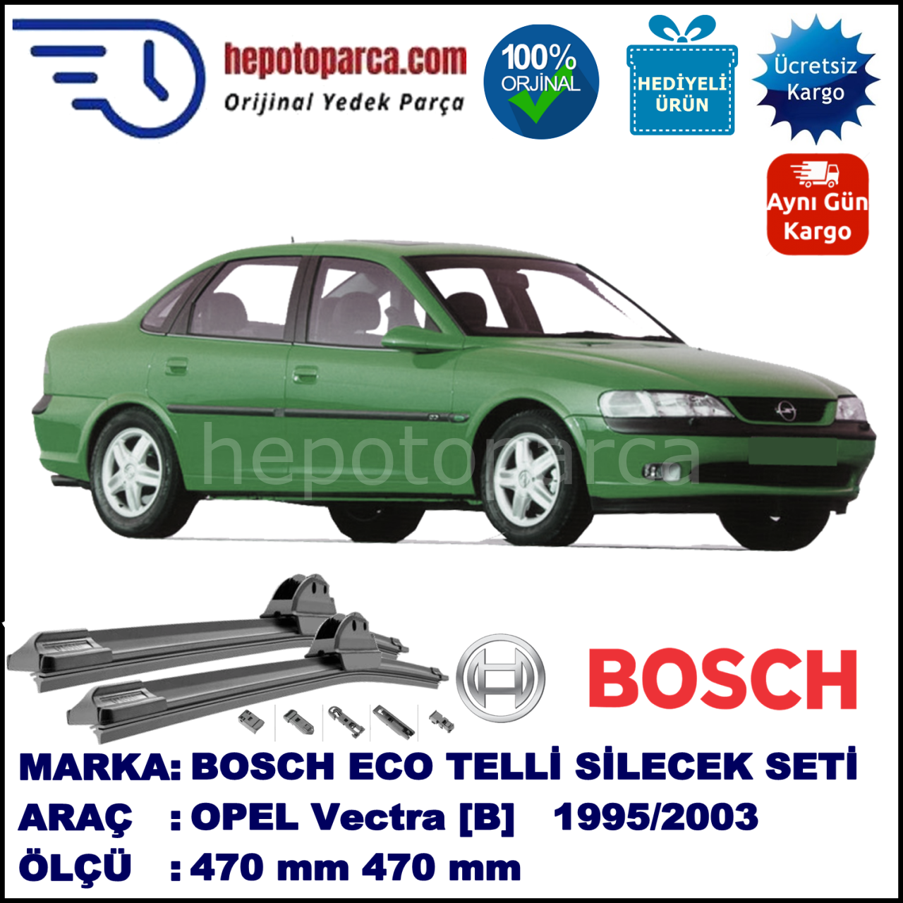 OPEL Vectra [B] 09.1995-09.2003, 470 / 470 mm. BOSCH AEROECO Aparatlı Muz Silecek