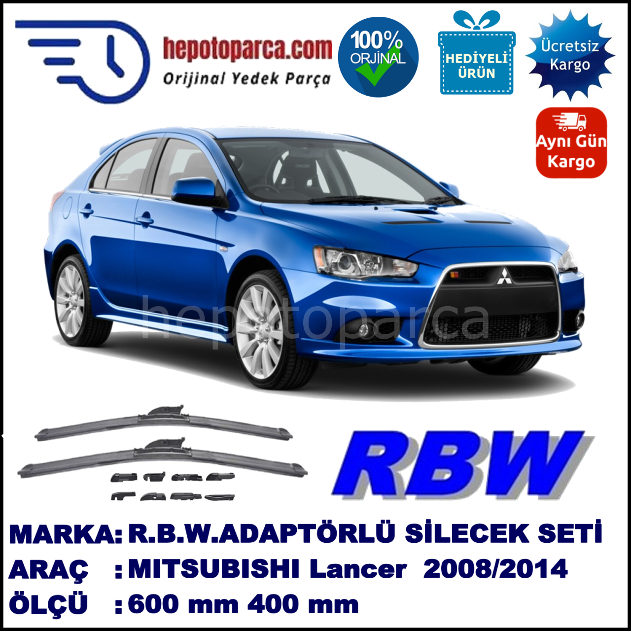MITSUBISHI Lancer Sportback [CX] 07.2008-..., 600 / 400 mm.  RBW  ADAPTÖRLÜ MUZ SİLECEK SETİ