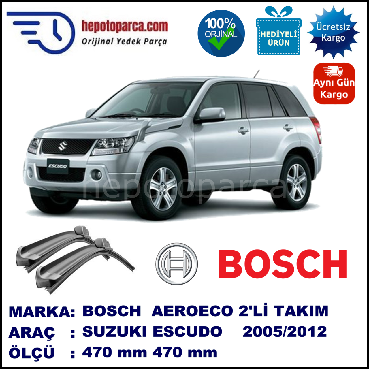 SUZUKI Escudo  05.2005-..., 470 / 470 mm. BOSCH AEROECO Aparatlı Muz Silecek