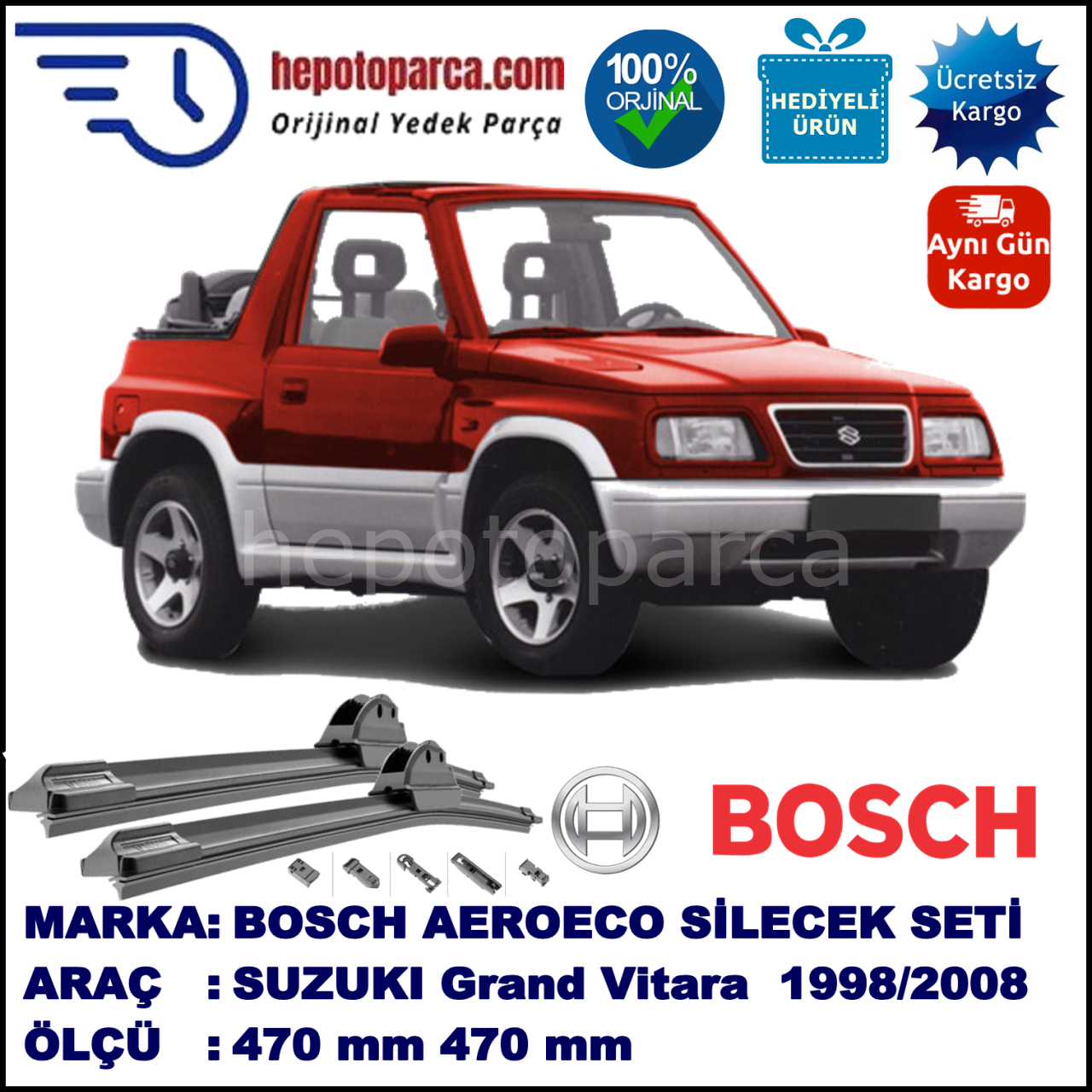 SUZUKI Grand Vitara Cabrio  03.1998-03.2008, 470 / 470 mm. BOSCH AEROECO Aparatlı Muz Silecek