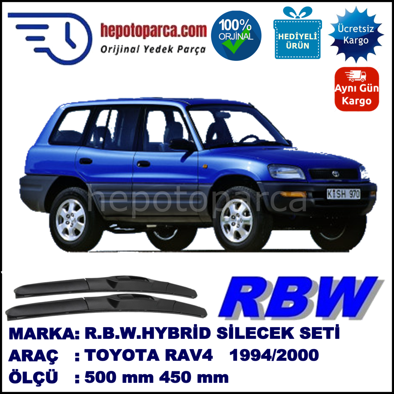 TOYOTA RAV4 [A1] 04.94-08.00 500 / 450 mm. RBW Hybrid Silecek Seti. U Kanca Uyumlu Hibrit