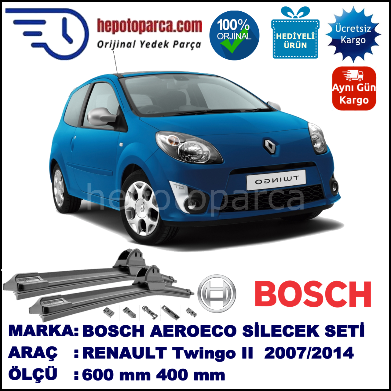 RENAULT Twingo II [CN; CN/GN] 04.2007-..., 600 / 400 mm. BOSCH AEROECO Aparatlı Muz Silecek