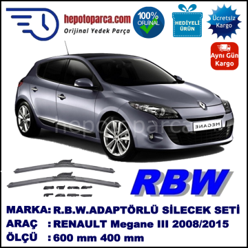 RENAULT Megane III Hatchback [BZ] 11.2008-..., 600 / 400 mm.  RBW  ADAPTÖRLÜ MUZ SİLECEK SETİ