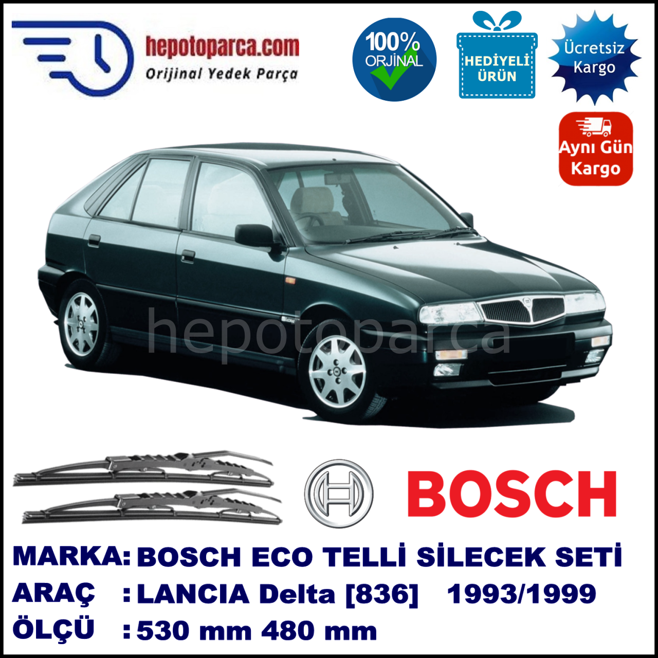 LANCIA Delta [836] 01.93-12.99 530 / 480 mm. BOSCH ECO Telli Silecek 2'li Takım