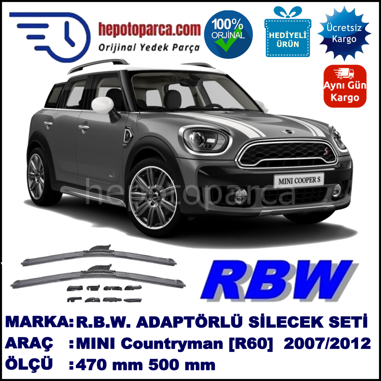 MINI (BMW) Mini Countryman [R 60] 09.2010-..., 470 / 500 mm.  RBW  ADAPTÖRLÜ MUZ SİLECEK SETİ